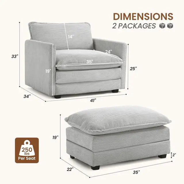 Alt view image 2 of 7 - Single Armchair with Ottoman, Modern Corduroy Cloud Couch with Convertible Chaise, Upholstered Sofa Set for Living Room, Light Grey