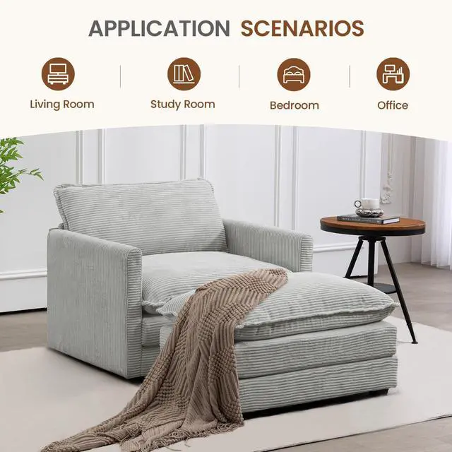 Alt view image 6 of 7 - Single Armchair with Ottoman, Modern Corduroy Cloud Couch with Convertible Chaise, Upholstered Sofa Set for Living Room, Light Grey