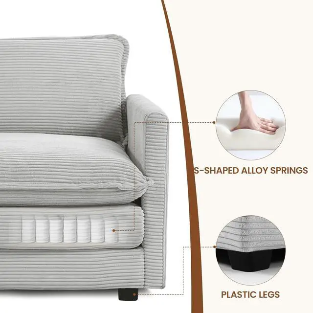Alt view image 4 of 7 - Single Armchair with Ottoman, Modern Corduroy Cloud Couch with Convertible Chaise, Upholstered Sofa Set for Living Room, Light Grey