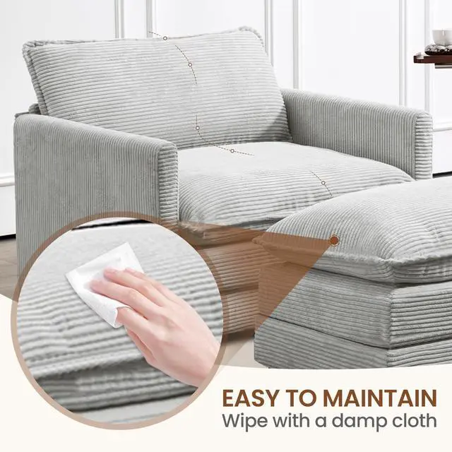Alt view image 5 of 7 - Single Armchair with Ottoman, Modern Corduroy Cloud Couch with Convertible Chaise, Upholstered Sofa Set for Living Room, Light Grey
