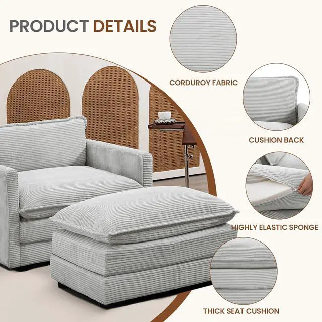 Alt view image 3 of 7 - Single Armchair with Ottoman, Modern Corduroy Cloud Couch with Convertible Chaise, Upholstered Sofa Set for Living Room, Light Grey
