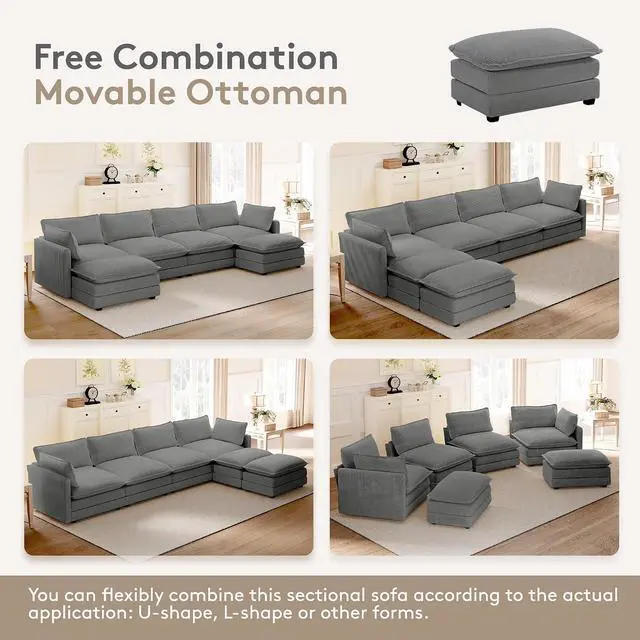 Alt view image 7 of 7 - 148'' Sectional Cloud Couch with 2 Ottomans, Oversized 4 Seat Sleeper Sofa with 2 Throw Pillows, Convertible Upholstered U Shaped Cozy Sofa Furniture Set for Living Room and Office, Dark Grey