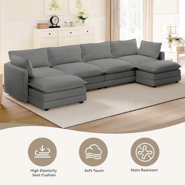Alt view image 4 of 7 - 148'' Sectional Cloud Couch with 2 Ottomans, Oversized 4 Seat Sleeper Sofa with 2 Throw Pillows, Convertible Upholstered U Shaped Cozy Sofa Furniture Set for Living Room and Office, Dark Grey