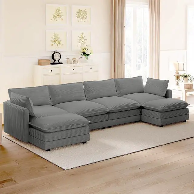Alt view image 6 of 7 - 148'' Sectional Cloud Couch with 2 Ottomans, Oversized 4 Seat Sleeper Sofa with 2 Throw Pillows, Convertible Upholstered U Shaped Cozy Sofa Furniture Set for Living Room and Office, Dark Grey