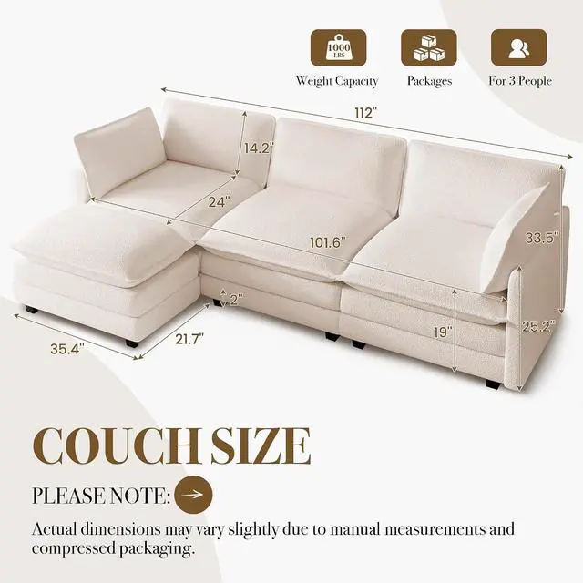 Alt view image 2 of 7 - 112'' Modular Sectional Cloud Couch with Movable Ottoman, 4 Seat Modern Chenille Sofa with 2 Throw Pillows, Deep Seat L Shaped Couch for Living Room Bedroom Apartment, Beige