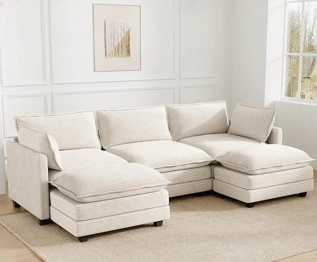 Main image of 112'' Sectional Modular Cloud Couch, Oversized 5 Seat Couches U Shaped Sofa with 2 Movable Ottomans, 2 Throw Pillows, Upholstered Corduroy U Shape Comfy Deep Couches for Living Room and Office, Beige