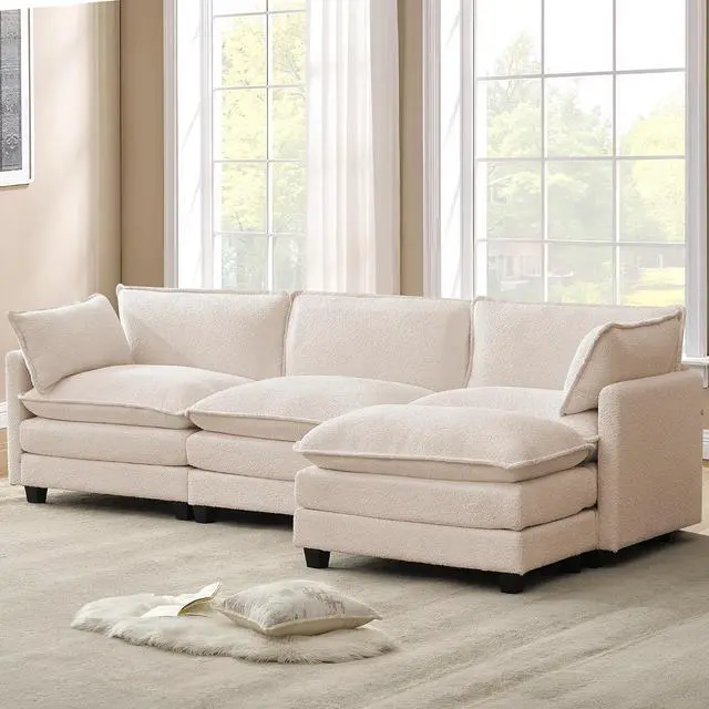 Alt view image 7 of 7 - 112'' Modular Sectional Cloud Couch with Movable Ottoman, 4 Seat Modern Chenille Sofa with 2 Throw Pillows, Deep Seat L Shaped Couch for Living Room Bedroom Apartment, Beige