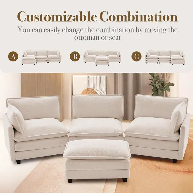Alt view image 5 of 7 - 112'' Modular Sectional Cloud Couch with Movable Ottoman, 4 Seat Modern Chenille Sofa with 2 Throw Pillows, Deep Seat L Shaped Couch for Living Room Bedroom Apartment, Beige
