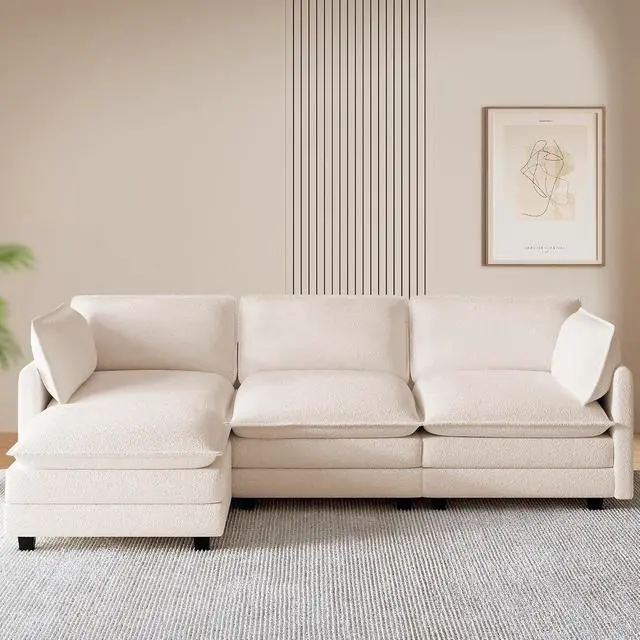 Alt view image 6 of 7 - 112'' Modular Sectional Cloud Couch with Movable Ottoman, 4 Seat Modern Chenille Sofa with 2 Throw Pillows, Deep Seat L Shaped Couch for Living Room Bedroom Apartment, Beige