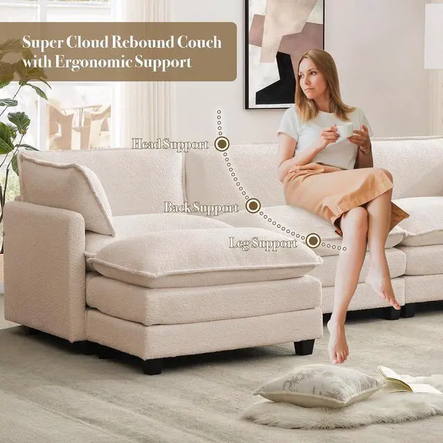 Alt view image 3 of 7 - 112'' Modular Sectional Cloud Couch with Movable Ottoman, 4 Seat Modern Chenille Sofa with 2 Throw Pillows, Deep Seat L Shaped Couch for Living Room Bedroom Apartment, Beige