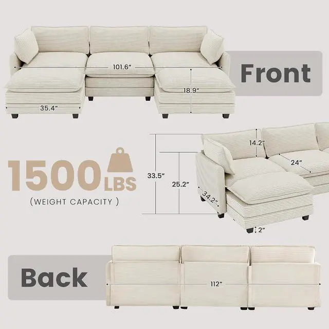 Alt view image 2 of 7 - 112'' Sectional Modular Cloud Couch, Oversized 5 Seat Couches U Shaped Sofa with 2 Movable Ottomans, 2 Throw Pillows, Upholstered Corduroy U Shape Comfy Deep Couches for Living Room and Office, Beige