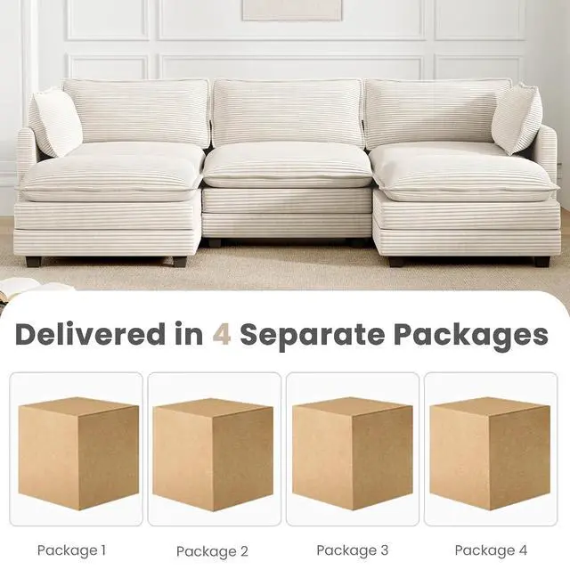 Alt view image 3 of 7 - 112'' Sectional Modular Cloud Couch, Oversized 5 Seat Couches U Shaped Sofa with 2 Movable Ottomans, 2 Throw Pillows, Upholstered Corduroy U Shape Comfy Deep Couches for Living Room and Office, Beige