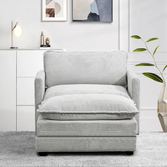 Alt view image 7 of 7 - Single Armchair with Ottoman, Modern Corduroy Cloud Couch with Convertible Chaise, Upholstered Sofa Set for Living Room, Light Grey