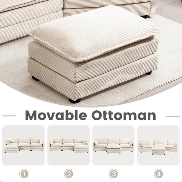Alt view image 5 of 7 - 112'' Sectional Modular Cloud Couch, Oversized 5 Seat Couches U Shaped Sofa with 2 Movable Ottomans, 2 Throw Pillows, Upholstered Corduroy U Shape Comfy Deep Couches for Living Room and Office, Beige