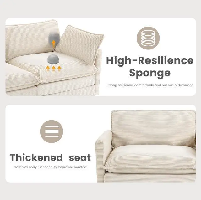 Alt view image 7 of 7 - 112'' Sectional Modular Cloud Couch, Oversized 5 Seat Couches U Shaped Sofa with 2 Movable Ottomans, 2 Throw Pillows, Upholstered Corduroy U Shape Comfy Deep Couches for Living Room and Office, Beige