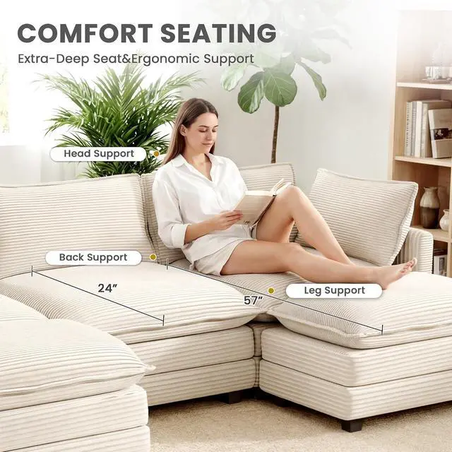 Alt view image 4 of 7 - 112'' Sectional Modular Cloud Couch, Oversized 5 Seat Couches U Shaped Sofa with 2 Movable Ottomans, 2 Throw Pillows, Upholstered Corduroy U Shape Comfy Deep Couches for Living Room and Office, Beige