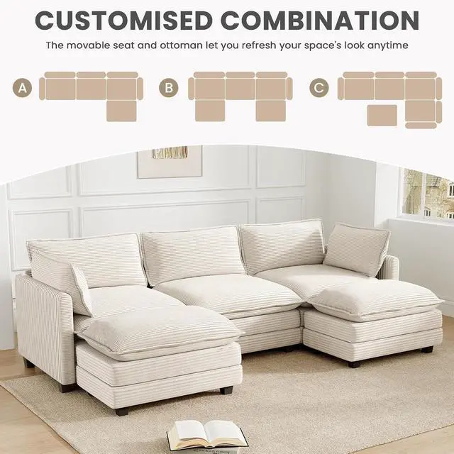 Alt view image 6 of 7 - 112'' Sectional Modular Cloud Couch, Oversized 5 Seat Couches U Shaped Sofa with 2 Movable Ottomans, 2 Throw Pillows, Upholstered Corduroy U Shape Comfy Deep Couches for Living Room and Office, Beige
