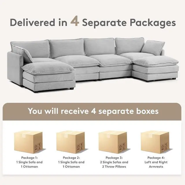 Alt view image 3 of 7 - 148'' Sectional Cloud Couch with 2 Ottomans, Oversized 4 Seat Sleeper Sofa with 2 Throw Pillows, Convertible Upholstered U Shaped Cozy Sofa Furniture Set for Living Room and Office, Light Grey