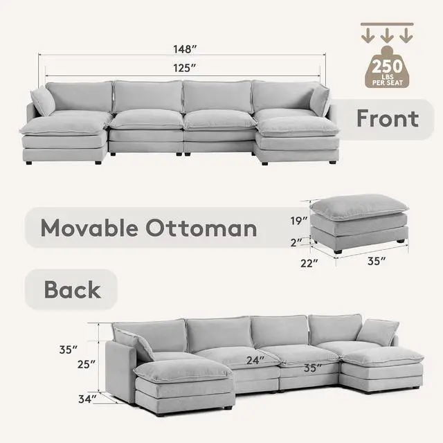 Alt view image 2 of 7 - 148'' Sectional Cloud Couch with 2 Ottomans, Oversized 4 Seat Sleeper Sofa with 2 Throw Pillows, Convertible Upholstered U Shaped Cozy Sofa Furniture Set for Living Room and Office, Light Grey