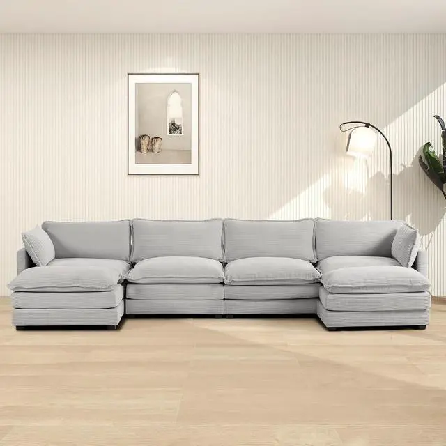 Main image of 148'' Sectional Cloud Couch with 2 Ottomans, Oversized 4 Seat Sleeper Sofa with 2 Throw Pillows, Convertible Upholstered U Shaped Cozy Sofa Furniture Set for Living Room and Office, Light Grey