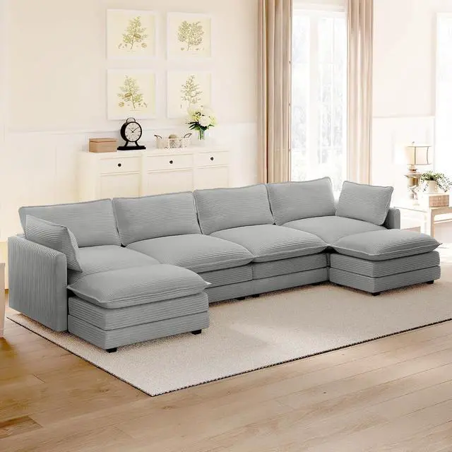 Alt view image 6 of 7 - 148'' Sectional Cloud Couch with 2 Ottomans, Oversized 4 Seat Sleeper Sofa with 2 Throw Pillows, Convertible Upholstered U Shaped Cozy Sofa Furniture Set for Living Room and Office, Light Grey