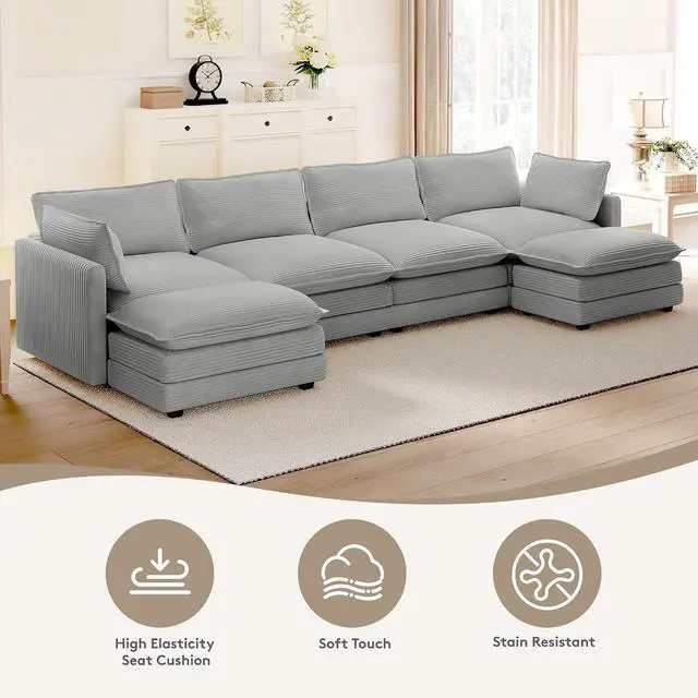 Alt view image 4 of 7 - 148'' Sectional Cloud Couch with 2 Ottomans, Oversized 4 Seat Sleeper Sofa with 2 Throw Pillows, Convertible Upholstered U Shaped Cozy Sofa Furniture Set for Living Room and Office, Light Grey