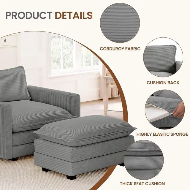 Alt view image 3 of 7 - Single Armchair with Ottoman, Modern Corduroy Cloud Couch with Convertible Chaise, Upholstered Sofa Set for Living Room and Office, Dark Grey
