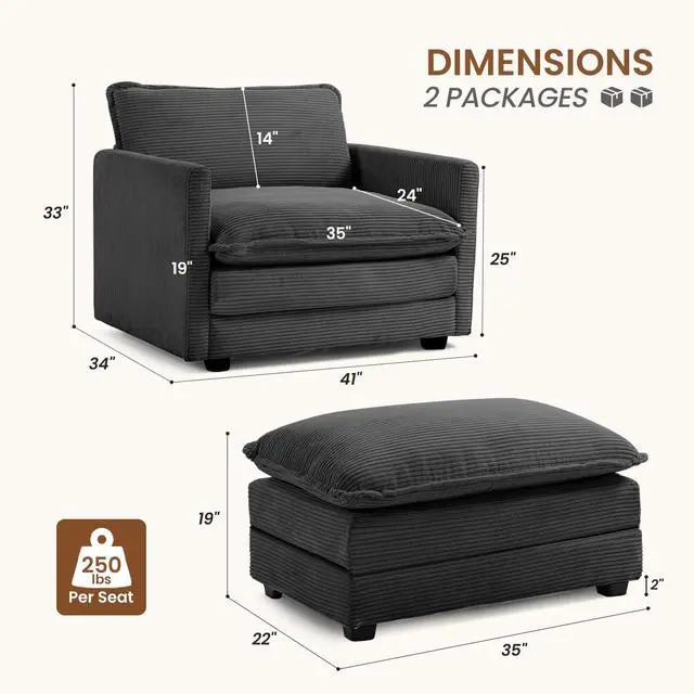 Alt view image 2 of 7 - Single Armchair with Ottoman, Modern Corduroy Cloud Couch with Convertible Chaise, Upholstered Sofa Set for Living Room and Office, Dark Grey