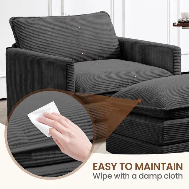 Alt view image 5 of 7 - Single Armchair with Ottoman, Modern Corduroy Cloud Couch with Convertible Chaise, Upholstered Sofa Set for Living Room and Office, Dark Grey