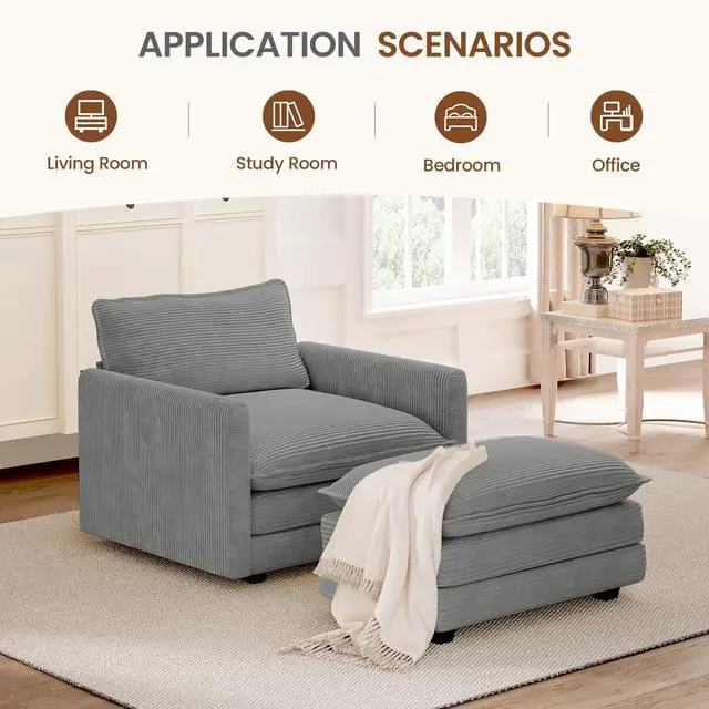 Alt view image 6 of 7 - Single Armchair with Ottoman, Modern Corduroy Cloud Couch with Convertible Chaise, Upholstered Sofa Set for Living Room and Office, Dark Grey