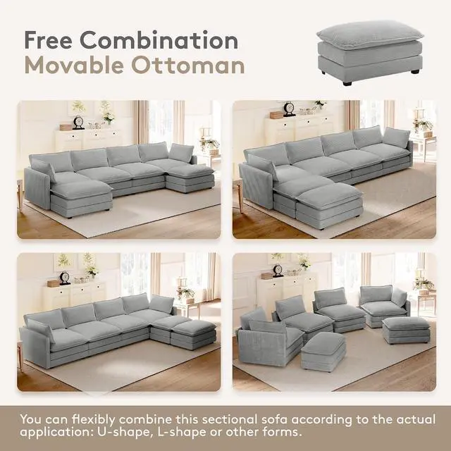 Alt view image 7 of 7 - 148'' Sectional Cloud Couch with 2 Ottomans, Oversized 4 Seat Sleeper Sofa with 2 Throw Pillows, Convertible Upholstered U Shaped Cozy Sofa Furniture Set for Living Room and Office, Light Grey