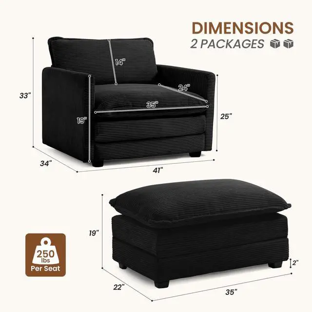 Alt view image 2 of 7 - Single Armchair with Ottoman, Modern Corduroy Cloud Couch with Convertible Chaise, Upholstered Sofa Set for Living Room, Black
