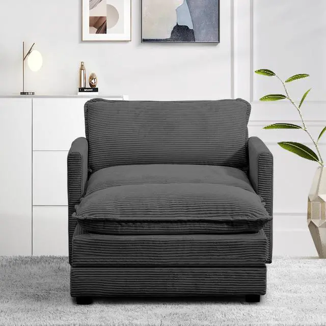 Alt view image 7 of 7 - Single Armchair with Ottoman, Modern Corduroy Cloud Couch with Convertible Chaise, Upholstered Sofa Set for Living Room and Office, Dark Grey