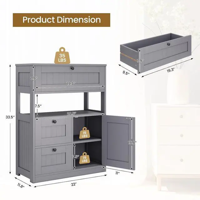 Alt view image 3 of 7 - Bathroom Cabinet, Modern Bathroom Floor Storage Cabinet Organizer with 1 Door and 3 Drawers, Freestanding Cupboard for Kitchen/Living Room Use