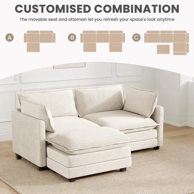 Alt view image 6 of 7 - 78'' Modular Sectional Cloud Couch with Movable Ottoman, 3 Seat Comfy Modern Corduroy Sofa with 2 Throw Pillows, Deep Seat L Shaped Couch for Living Room Bedroom Apartment, Beige