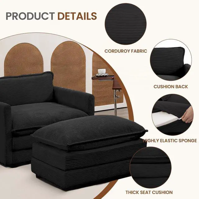Alt view image 3 of 7 - Single Armchair with Ottoman, Modern Corduroy Cloud Couch with Convertible Chaise, Upholstered Sofa Set for Living Room, Black
