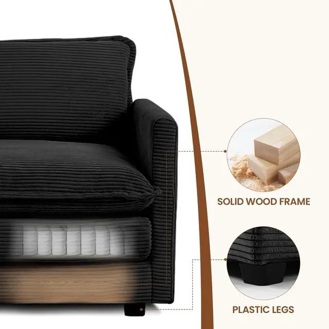 Alt view image 4 of 7 - Single Armchair with Ottoman, Modern Corduroy Cloud Couch with Convertible Chaise, Upholstered Sofa Set for Living Room, Black