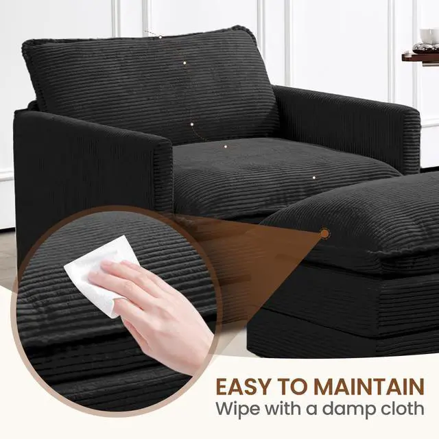 Alt view image 5 of 7 - Single Armchair with Ottoman, Modern Corduroy Cloud Couch with Convertible Chaise, Upholstered Sofa Set for Living Room, Black