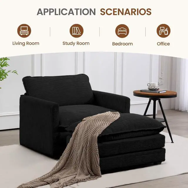 Alt view image 6 of 7 - Single Armchair with Ottoman, Modern Corduroy Cloud Couch with Convertible Chaise, Upholstered Sofa Set for Living Room, Black