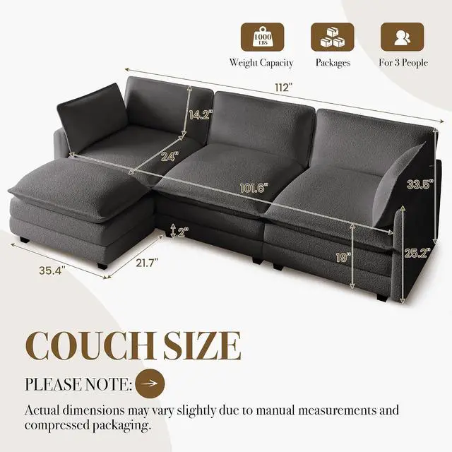 Alt view image 2 of 7 - 112'' Sectional Cloud Couch with Movable Ottoman, 4 Seat Modern Chenille Modular Sofa with 2 Throw Pillows, Deep Seat L Shaped Couch for Living Room Bedroom Apartment, Dark Grey | Sturdy Frame