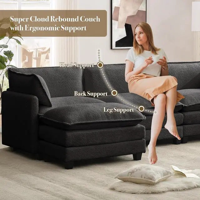 Alt view image 3 of 7 - 112'' Sectional Cloud Couch with Movable Ottoman, 4 Seat Modern Chenille Modular Sofa with 2 Throw Pillows, Deep Seat L Shaped Couch for Living Room Bedroom Apartment, Dark Grey | Sturdy Frame