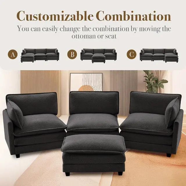 Alt view image 4 of 7 - 112'' Sectional Cloud Couch with Movable Ottoman, 4 Seat Modern Chenille Modular Sofa with 2 Throw Pillows, Deep Seat L Shaped Couch for Living Room Bedroom Apartment, Dark Grey | Sturdy Frame