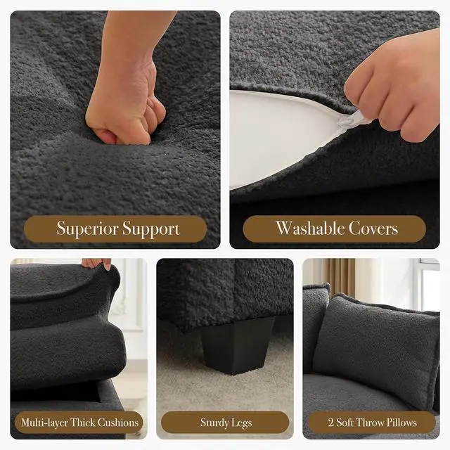 Alt view image 5 of 7 - 112'' Sectional Cloud Couch with Movable Ottoman, 4 Seat Modern Chenille Modular Sofa with 2 Throw Pillows, Deep Seat L Shaped Couch for Living Room Bedroom Apartment, Dark Grey | Sturdy Frame