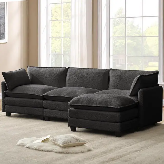 Alt view image 6 of 7 - 112'' Sectional Cloud Couch with Movable Ottoman, 4 Seat Modern Chenille Modular Sofa with 2 Throw Pillows, Deep Seat L Shaped Couch for Living Room Bedroom Apartment, Dark Grey | Sturdy Frame