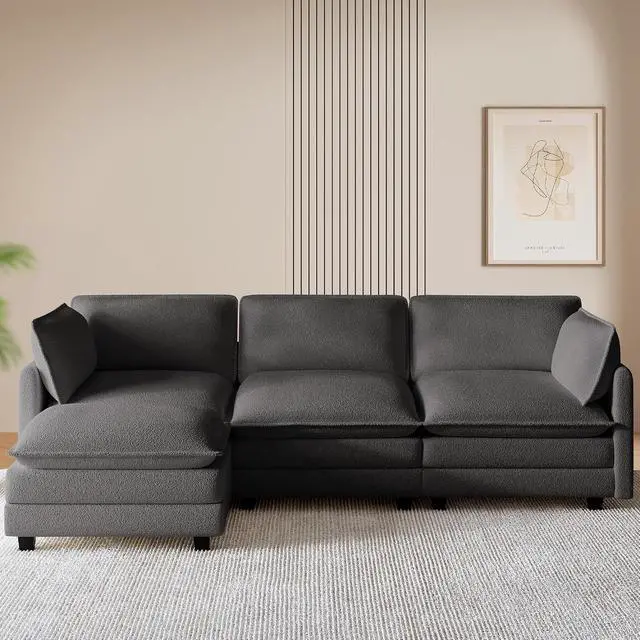 Alt view image 7 of 7 - 112'' Sectional Cloud Couch with Movable Ottoman, 4 Seat Modern Chenille Modular Sofa with 2 Throw Pillows, Deep Seat L Shaped Couch for Living Room Bedroom Apartment, Dark Grey | Sturdy Frame