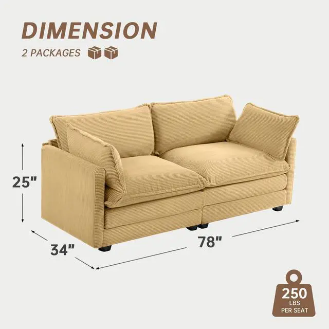 Alt view image 2 of 6 - 78'' Sectional 2 Seat Cloud Loveseat with 2 Throw Pillows, Modern Corduroy Love Seat, Convertible Cozy Sofa for Living Room, Bedroom and Office, Yellow