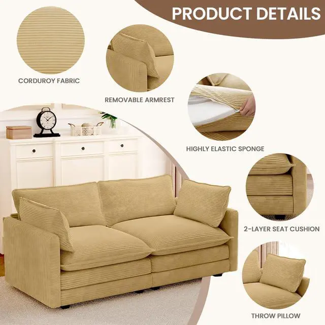 Alt view image 3 of 6 - 78'' Sectional 2 Seat Cloud Loveseat with 2 Throw Pillows, Modern Corduroy Love Seat, Convertible Cozy Sofa for Living Room, Bedroom and Office, Yellow