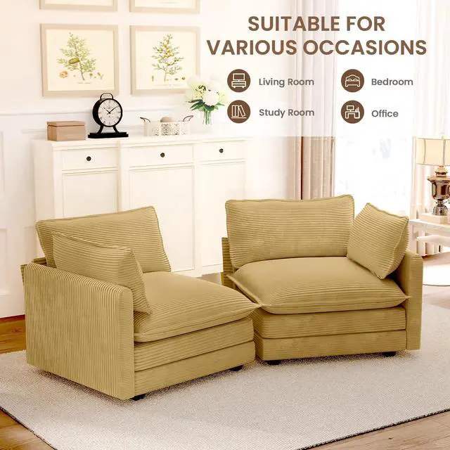 Alt view image 6 of 6 - 78'' Sectional 2 Seat Cloud Loveseat with 2 Throw Pillows, Modern Corduroy Love Seat, Convertible Cozy Sofa for Living Room, Bedroom and Office, Yellow