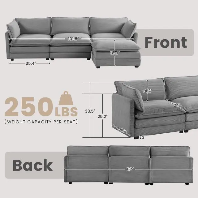 Alt view image 2 of 7 - 112'' Modular Sectional Cloud Couch with Movable Ottoman, 4 Seat Modern Corduroy Sofa with 2 Throw Pillows, Comfy Deep Seat L Shaped Couches for Living Room Bedroom Apartment, Dark Grey