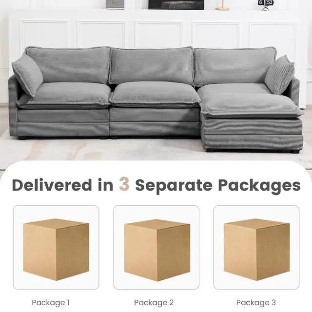 Alt view image 4 of 7 - 112'' Modular Sectional Cloud Couch with Movable Ottoman, 4 Seat Modern Corduroy Sofa with 2 Throw Pillows, Comfy Deep Seat L Shaped Couches for Living Room Bedroom Apartment, Dark Grey